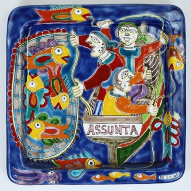 handmade sicilian Squared plate DS 28x28 Fishermen PQ28DS-5 handmade sicilian Squared plate DS 28x28 Fishermen PQ28DS-5